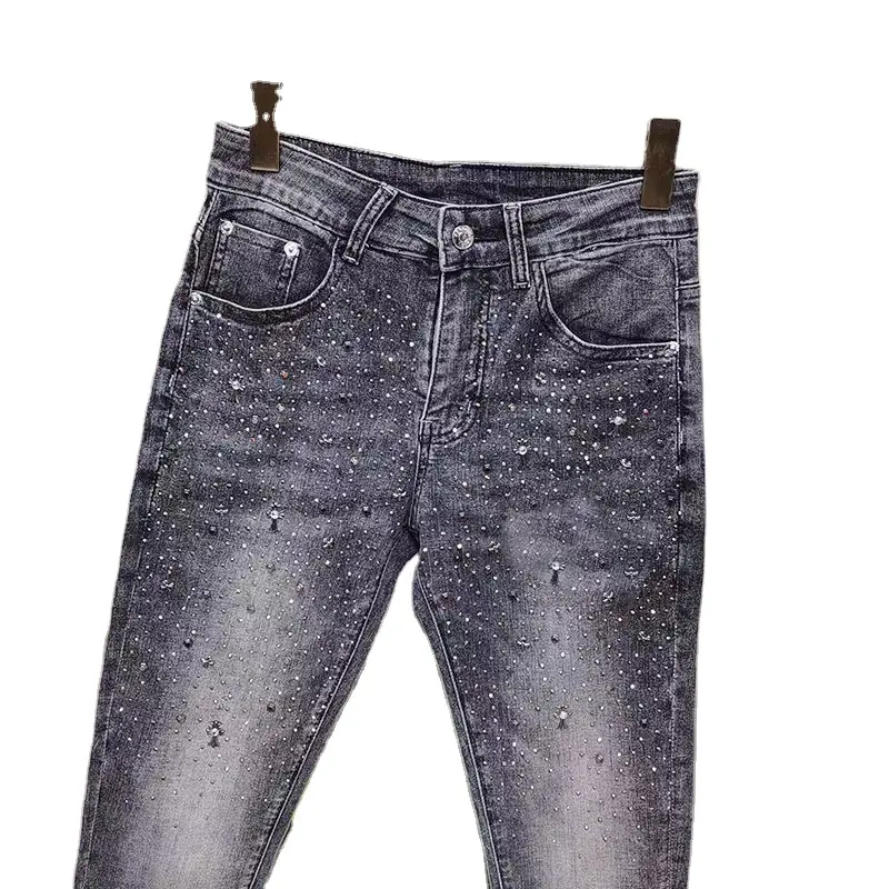 OEM Hombres estilo pent stock drop shipping diamante negro brillante Negro Jeans para hombres