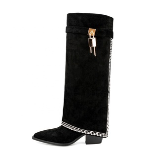 Shark Lock Soft Flock Long Booties Overlay Women's Bling Diamonds Knee High <b>Boots</b> Low Square Heels Shoes Big Size 45 Wide Fit - Product Image 1