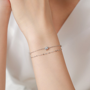 Pulsera de Plata de Ley S925 con Circonita Azul Claro y Doble Cadena con Flor para Mujer, Versión de Cobre Personalizable - Product Image 2
