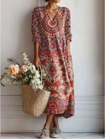 Robe Midi Bohème à Imprimé Floral pour Femme, Col en V, Manches 3/4, Coupe Ample Décontractée en Polyester, avec Poches Latérales, Idéale pour le Quotidien et les Vacances, Vente en Gros