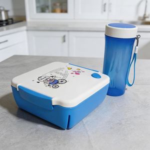 Children's Cartoon Lunch Box With Three Compartments Plastic <b>Microwave</b> Safe Rectangle Blue And Red Pattern Student Picnic Use - Product Image 3