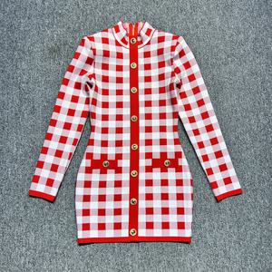 Kadınlar zarif elbiseler kırmızı ekose jakarlı Vintage moda düğme giyim üreticileri ile uzun kollu bandaj Mini elbise giymek - Product Image 5