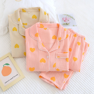 <span class=keywords><strong>Pigiama</strong></span> Estivo in Cotone Crepe per Donne, Set con Motivo a <span class=keywords><strong>Cuori</strong></span> e Colletto, Comodo Completo in Garza di Cotone per Casa - Product Image 2