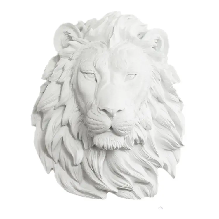 Grande tête de lion blanc, résine, décoration murale, sculpture