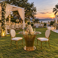Table de salle à manger ronde avec plateau en verre, base en acier inoxydable doré, mobilier de salle à manger pour mariage, salle de banquet