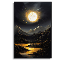 Décoration Murale en Cristal Paysage Montagne Noire Dorée Sous la Lune, Peinture Murale Paysagère de Haute Qualité avec Cadre Personnalisé