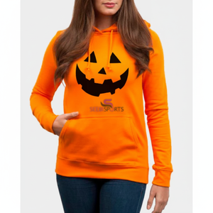Sudadera CON CAPUCHA DE CARA DE CALABAZA naranja para mujer, sudadera de Halloween de algodón 100% con logotipo de emblema para la temporada de invierno serigrafiada - Product Image 1