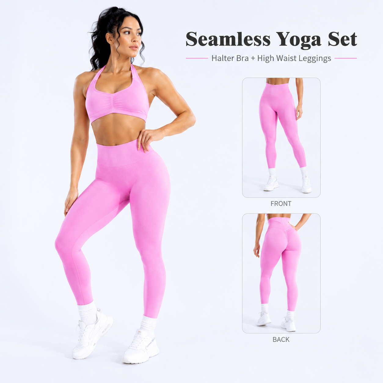 Seamless Solid Color Yoga Set Women Sexy Halter Neck Sports Bra High Waisted Scrunch Butt Leggings Squat Proof Gym Workout Suit