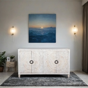 Hand-Carved Wooden Sideboard <b>Cabinet</b> with Sunburst Design | Antique <b>White</b> 2-Door <b>Storage</b> Console | Vintage Living Room - Product Image 1