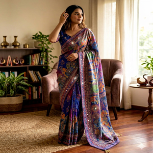 Ensemble de sari en soie bleu imprimé et brodé, longueur ras du sol, avec chemisier, tenue ethnique indienne pour femme, idéal pour mariage, Diwali, fête, protection solaire - Product Image 1