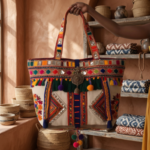 Women's Plus Size Boho Cotton <b>Tote</b> <b>Bag</b> with Shoulder Strap Satchel Style Textured Fabric and Ruffles - Product Image 2