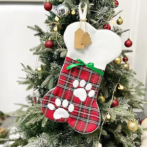 Custom Wholesale Christmas Stocking Set Cute Plaid Check Embroidery for Pet <b>Dog</b> Bone Cat's Paw Toy Holders <b>Xmas</b> <b>Gift</b> Decoration - Product Image 3