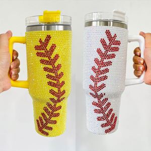 Full Wrap Stainless Steel White Yellow <b>Thermos</b> <b>Bottle</b> Cup Rhinestone Baseball Print Bling Tumbler - Product Image 1