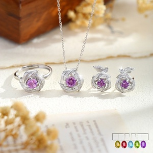 Ensemble collier et boucles d'oreilles en argent sterling S925 avec améthyste naturelle pour femme, bijoux de fiançailles, design rose, citrine haut de gamme, topaze - Product Image 2