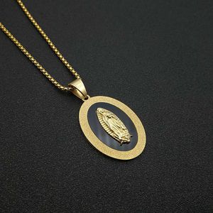 Collier pendentif ovale en acier inoxydable Yunnique, chaîne dorée 3 mm 60 cm, serti clos, icône religieuse, bijoux de mode - Product Image 1