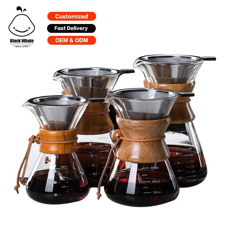 Custom Factory 400ml 600ml 800ml hand made glass coffee Pot with filter and cork borosilicate glass Pour Over Coffee Maker