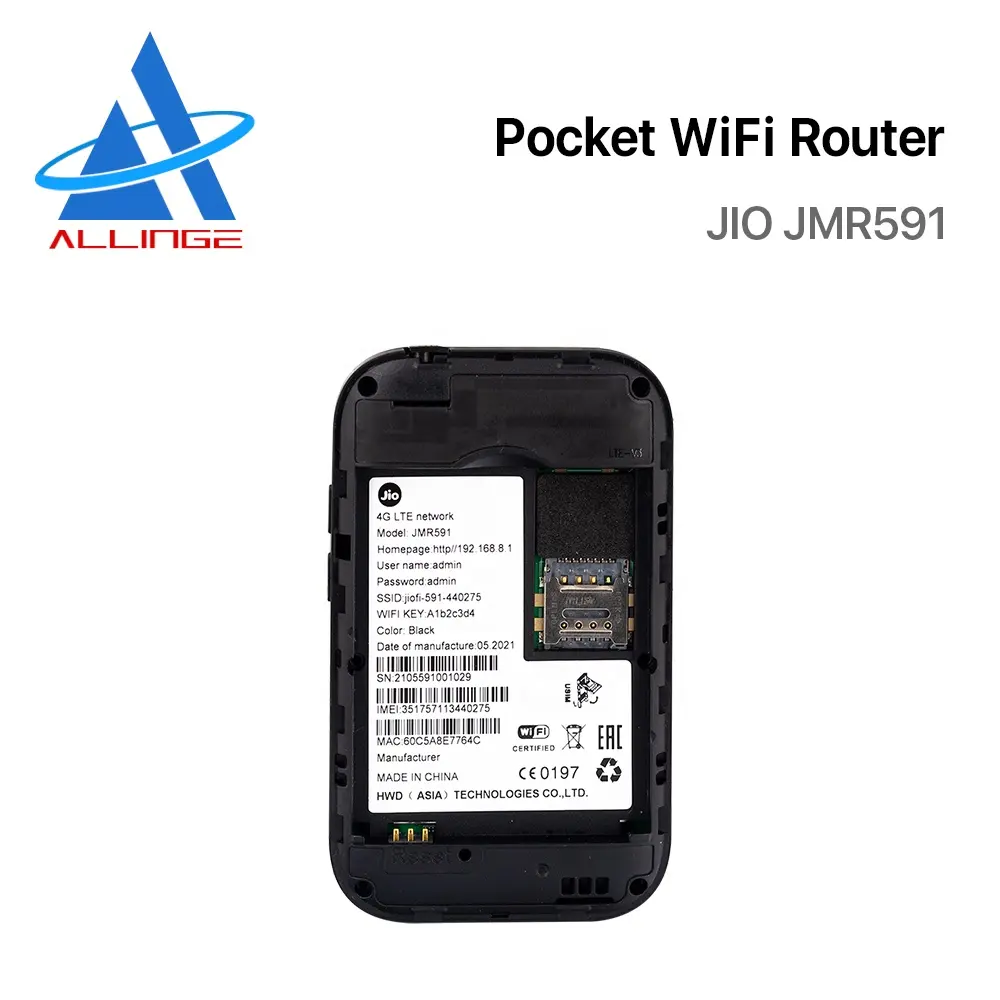 Allinge Drd2075 Jio Jmr591 Mini Router Mobiele Wifi Pocket Modem 4G Lte Draadloze Router Met Simkaart