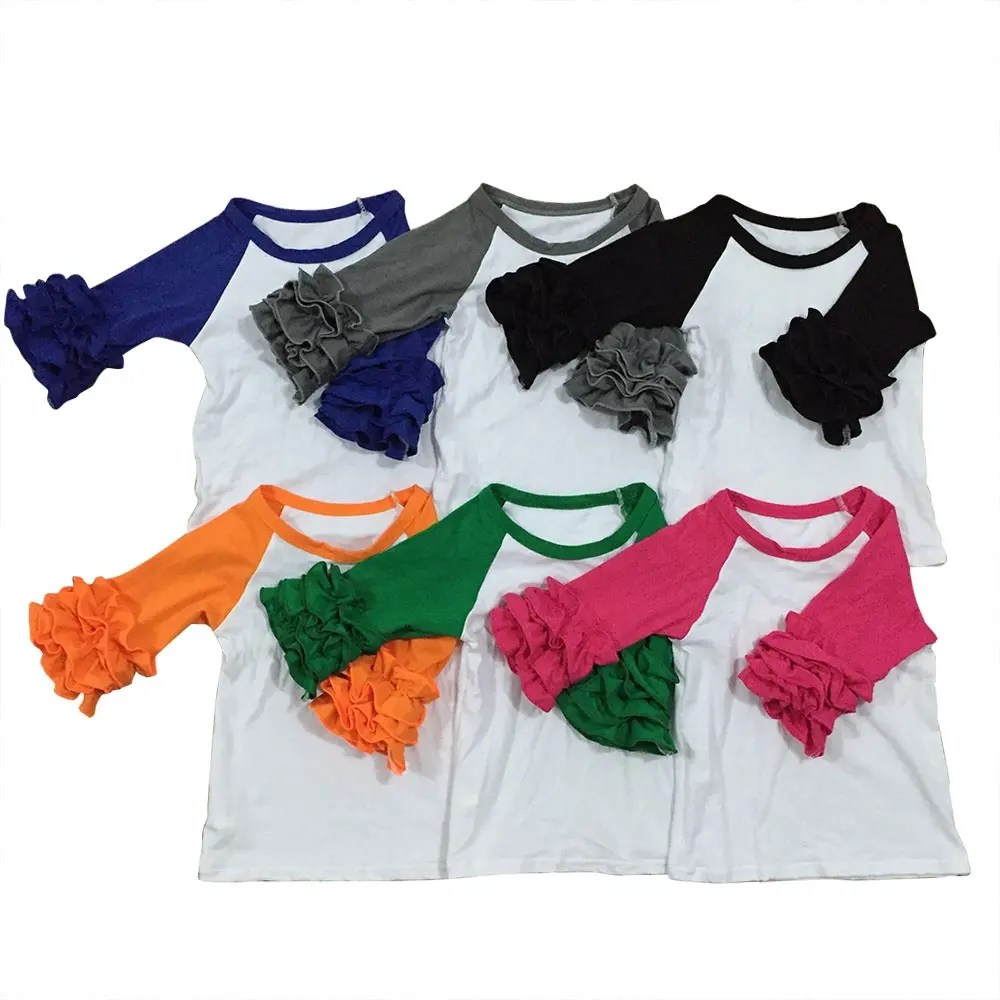 New style arrival ruffle raglan shirts for baby girls triple ruffle cotton three quarter sleeve knitting kids t shirts