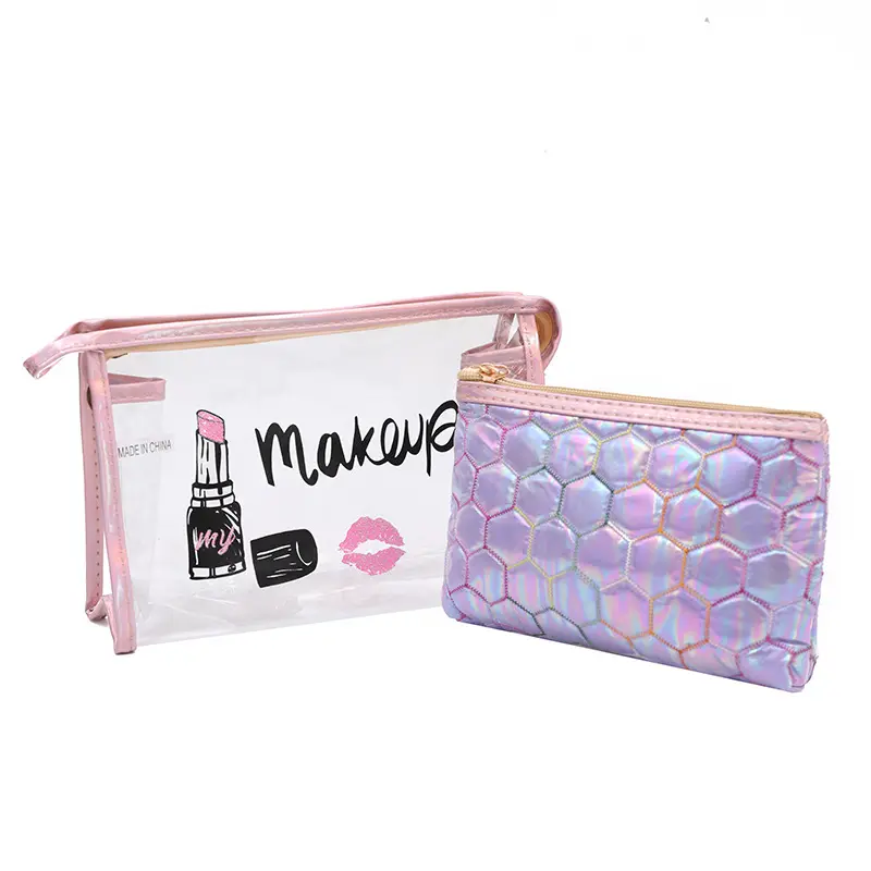 2PCS Set PVC Make up bag with Pouch Waterproof Clear Cosmetic Bag Plastic Clutch Purse with Zipper for Women Lady