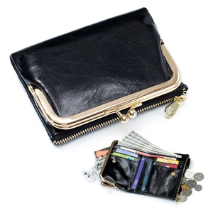 Boshiho Customized Vintage Genuine Leather Bifold Short Wallet Metal Zippers Wallet Genuine Coin <b>Purse</b> for Women - Product Image 1