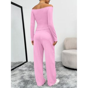 Ensemble 2 pièces pour femmes, pantalon large à épaules dénudées, haut court à manches longues, vêtements de nuit décontractés, tissu tricoté doux - Product Image 4