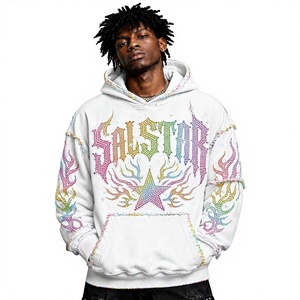 <b>Men's</b> Rhinestone Graphic Pullover Hoodie Custom Streetwear <b>White</b> Oversized Hip Hop <b>Sweatshirt</b> with Embroidery & Sequin Design - Product Image 1