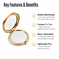 Miroir de maquillage de voyage personnalisé avec logo, miroir de poche rond, plaqué or, double face, pliable, compact, en métal, vente en gros