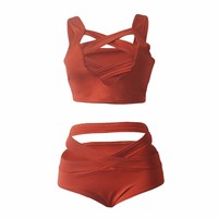 2026 Op maat gemaakte privémerk hoogwaardige sexy damesbikini 2-delige set gerimpelde kantstrings effen/geprint ontwerp anti-UV