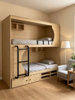 Lit superposé moderne en métal et bois, fermé et sécurisé, avec escalier, idéal pour auberges de jeunesse, dortoirs scolaires, hôtels e-sport