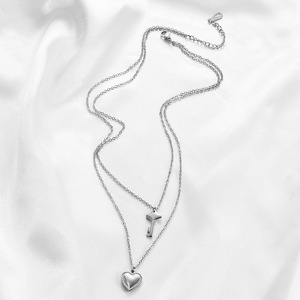 Collier chaîne de clavicule en acier inoxydable avec pendentif double cœur et clé, style européen et américain, couleur or et argent, cadeau quotidien - Product Image 2