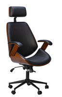 Chaise de bureau de direction ergonomique moderne de luxe à dossier haut avec support lombaire en contreplaqué courbé noyer et base métallique en cuir synthétique