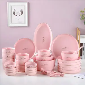 36pcs Dinner Set Porcelain Pink Marble Dinner Set With Gold Rim Pink Dinner Plate And Bowl Set