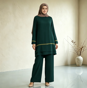 Custom Islamic Ladies Casual Outfit Long Sleeve <b>Sequin</b> Tunic Tops Wide Leg <b>Pants</b> Set Loose Abaya Hijab Muslim Women's Clothing - Product Image 1