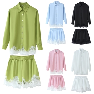 J3537 Abbigliamento <span class=keywords><strong>Donna</strong></span> Trendy, <span class=keywords><strong>Completo</strong></span> Casual a 2 Pezzi con <span class=keywords><strong>Camicia</strong></span> a Maniche Lunghe <span class=keywords><strong>e</strong></span> Shorts con Inserti in Pizzo - Product Image 3