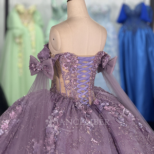 Robes de Quinceañera en dentelle brillante lavande, robe de bal, épaules dénudées, fleurs faites à la main, fête des <span class=keywords><strong>15</strong></span> ans, Dy6839 - Product Image 4