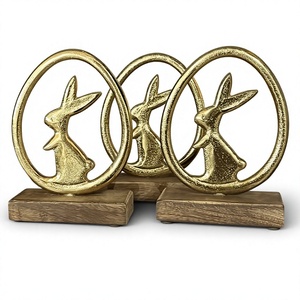 Ensemble de 3 anneaux décoratifs en forme de lapin plaqués or, base en bois, décoration de table moderne pour Pâques, décoration de la maison, objets sur le thème des animaux de printemps, cadeaux - Product Image 1
