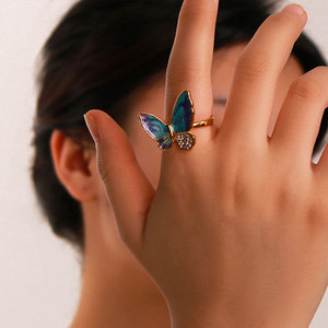 Anillos Finos para Mujer Resistentes al Deslustre e Impermeables, Chapados en Oro PVD de 14k y 18k, con Diamantes de Mariposa, Anillo de Acero Inoxidable 316L con Esmalte para Mujer - Product Image 3