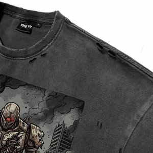 T-shirts pour hommes en coton à manches courtes, col rond, coupe oversize, respirants, avec imprimé graphique robot punk et effet délavé, pour la vente en gros - Product Image 3