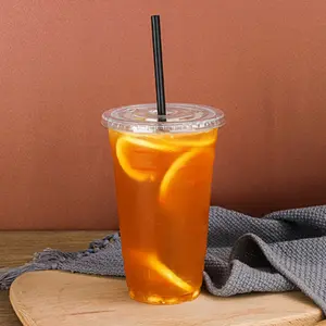 Tasse à emporter en plastique transparent pour thé au lait à bulles de 98mm 24oz personnalisée jetable pour animaux de compagnie en plastique dur pour fruits