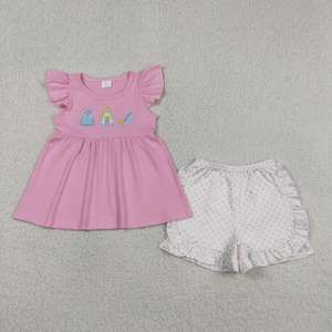 Nouvel Arrivage Ensemble Court pour Fillettes avec Broderie Pastèque, Haut Tunique à Manches Volantées Rayées et Short en Coton Rouge Décontracté - Product Image 3