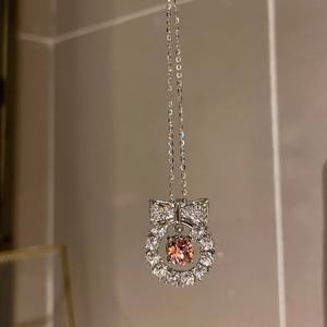 S925 Pure Silver Princess Style Bow <b>Pink</b> Diamond <b>Necklace</b> Versatile Daily Use Collarbone Light Luxury Sweet Fashion Pendant - Product Image 2
