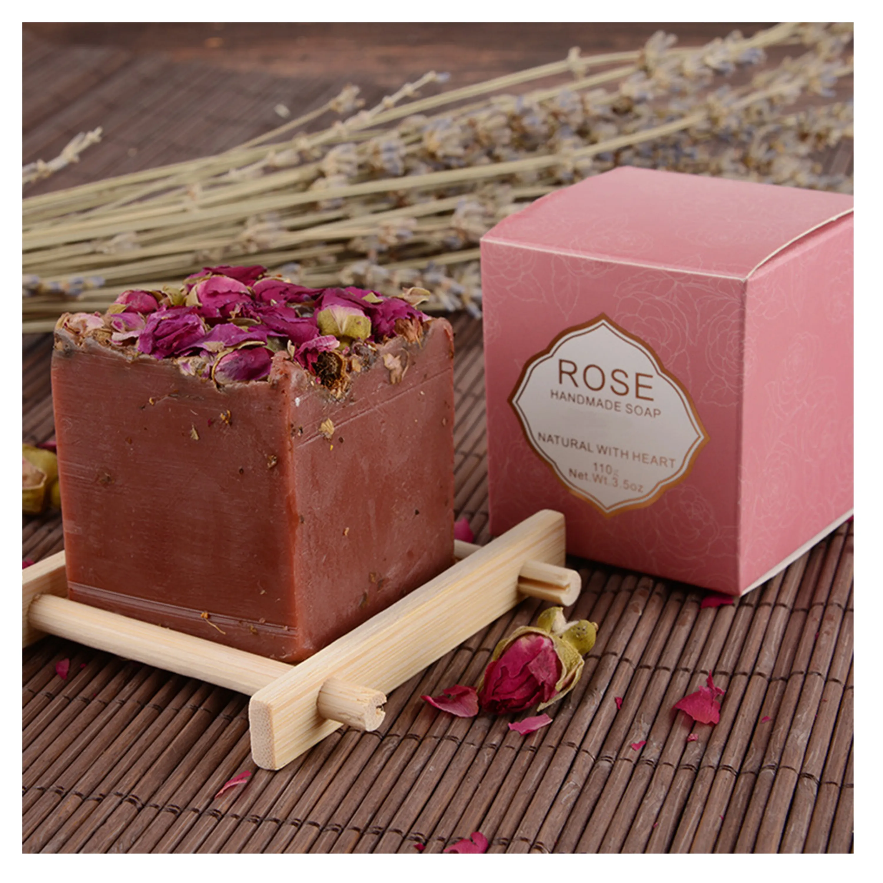 Vente en gros de savon en forme de fleur de rose avec fleurs séchées et savon de bain pour le visage et le corps, vente en gros