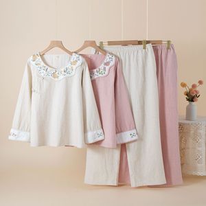 Nuova <span class=keywords><strong>Camicia</strong></span> da <span class=keywords><strong>Notte</strong></span> in Cotone con Ricamo in Stile Nazionale Cinese, Primavera Autunno Estate, Sottile, Maniche Lunghe, Pantaloni Lunghi per Donna - Product Image 1