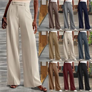 Pantalon taille haute à jambes larges, couleur unie, plissé en crêpe, coupe décontractée ample, longueur complète, fermeture éclair, pour femme, collection automne - Product Image 2