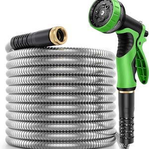 Stainless Steel Garden Hose With 10 Function Water Gun Variable Spray Patterns For Garden Watering And Car Wash - Product Image 1
