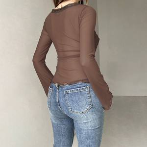 Haut décontracté d'été Y2K à manches longues, couleur unie, respirant, écologique, avec empiècements en dentelle tie-dye et maille transparente, à lacets - Product Image 5