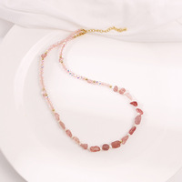 Collier et bracelet en perles de cristal de fraise rose, perles d'eau douce naturelles, acier inoxydable, chaîne réglable plaquée or, bijoux