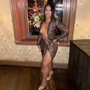 YY5977 seksi derin v boyun uzun kollu leopar baskılı sonbahar Maxi uzun elbise zarif olgun kadınlar sarılmış kalça sıkı Slim Fit elbise - Product Image 5