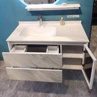 Meuble-lavabo mural moderne en bois massif avec vasque simple en jade blanc (couleur graisse de mouton), vasque à raccordement sans joint, résistant à l'eau