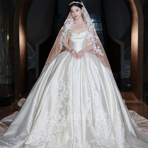 Lsjj151 Elegant Ivory Satin <b>Wedding</b> Draped Floral Applique Ball Gown Backless Chapel Floor-Length Sweetheart Neckline Bridal - Product Image 4